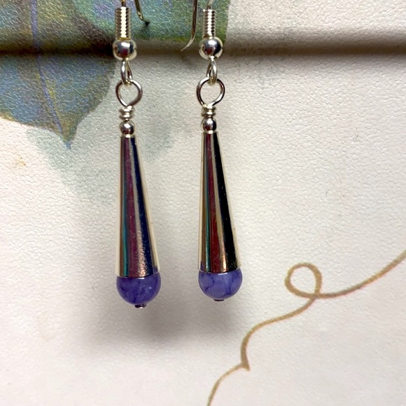 NEW Purple jasper silver tone earrings smooth cone lightweight handmade minimal - Picture 3 of 4